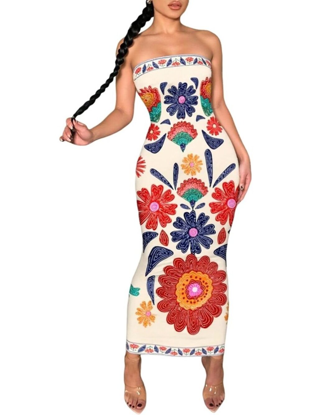 Boho Floral Strapless Maxi Dress - Women's Summer Sleeveless Bodycon Long Dress